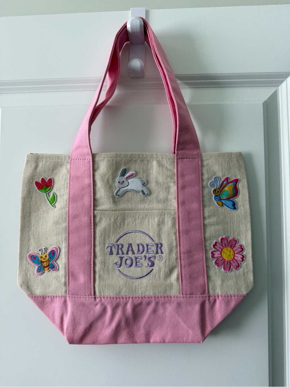 Trader Joe’s mini tote pink with patches